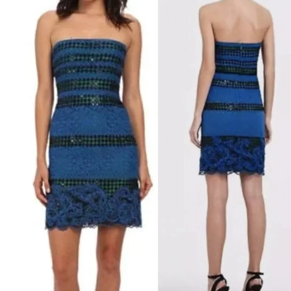 BCBGMaxAzria NWT Manuella Blue & Black Sequin & Knitted Strapless Dress Size 8